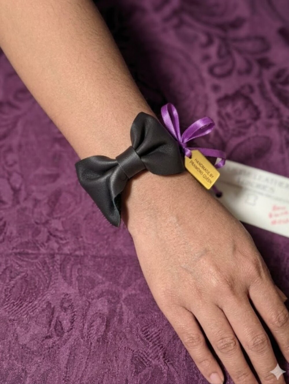 Handmade Genuine Leather Bow Bracelet #012 Black Antique Gold